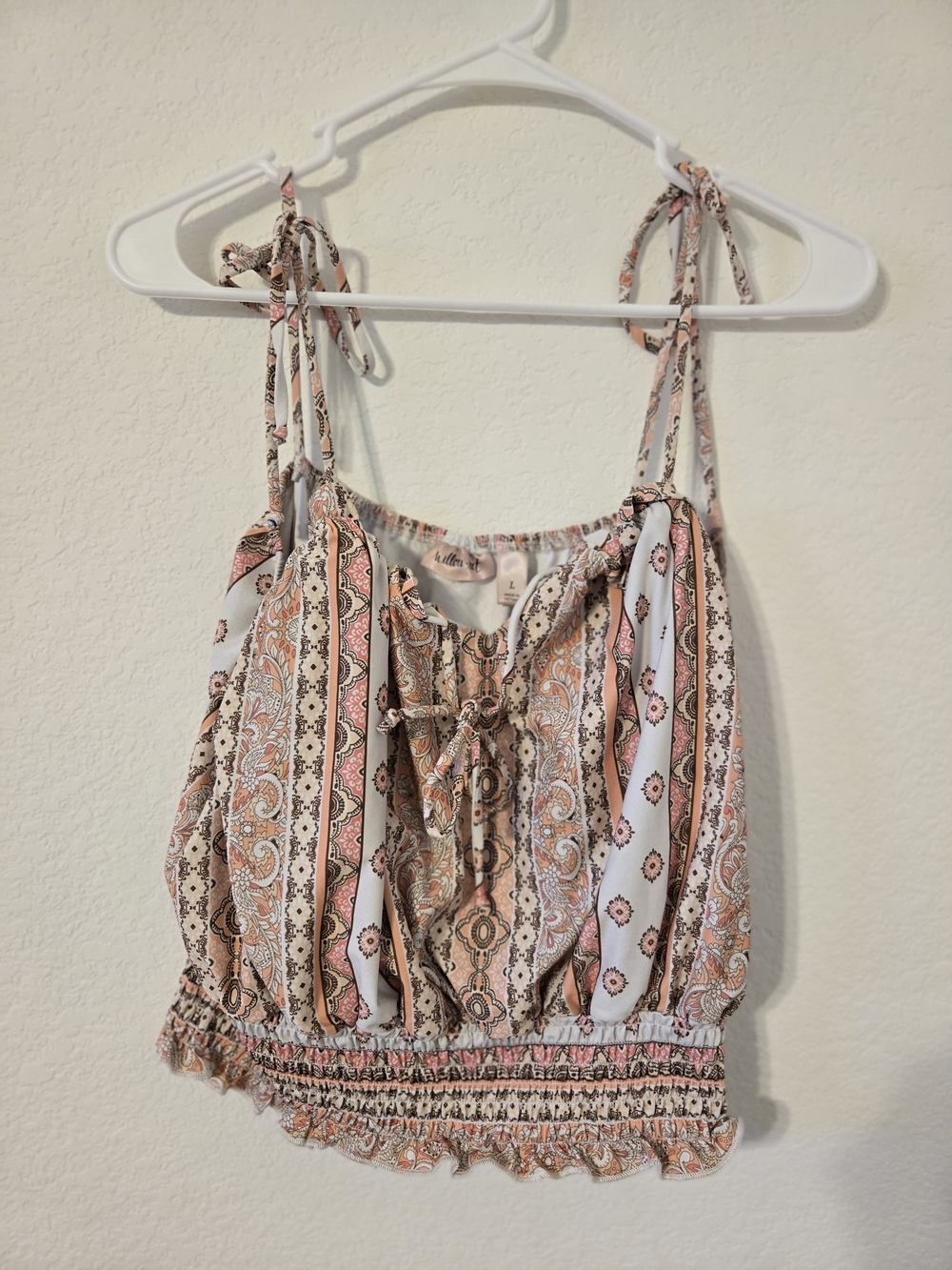 Tie-Shoulder Paisley Stripe Crop Cami - Pink, Cream & Tan